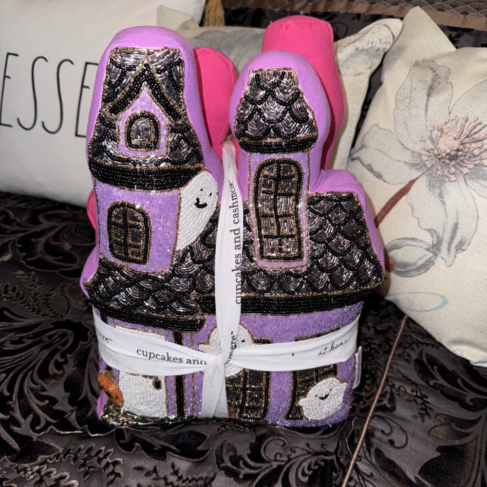 Cupcakes and Cashmere Haunted House Pillows Pink Purple Beaded Set of 2